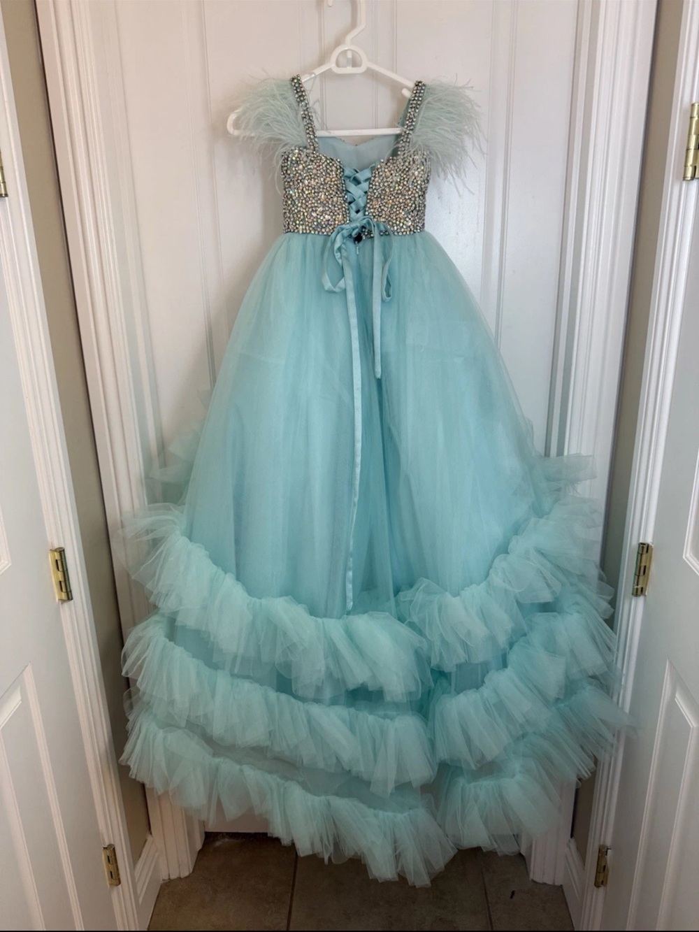 Aqua Tulle Ball Gown with Feathered Straps and Crystal-Embellished Bodice